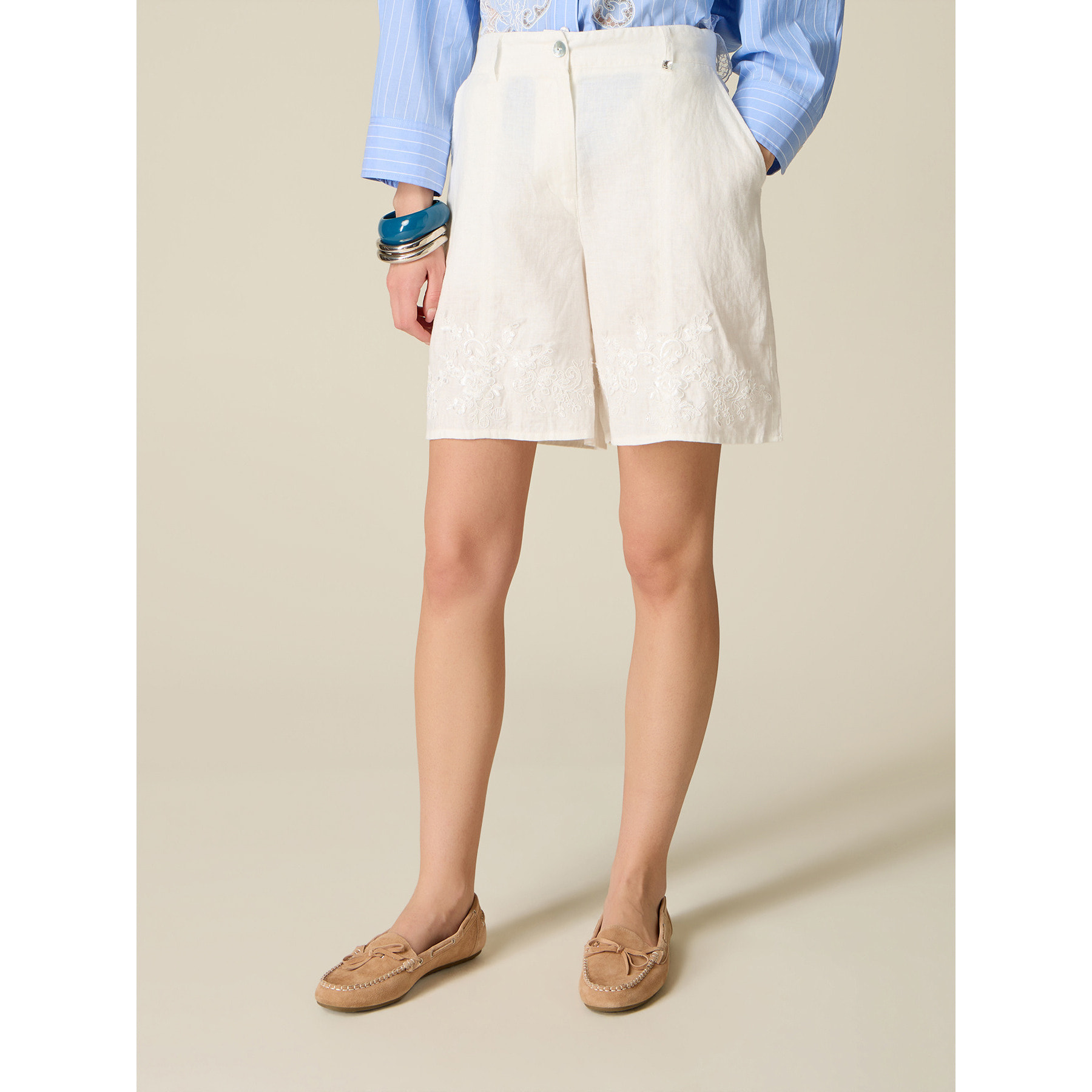 Oltre - Bermudas de lino con encaje - Blanco