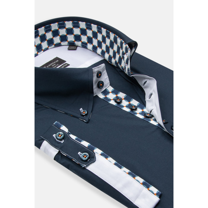 Camicia Uomo Manica Corta 2 Bottoni Button Down 7 Botto Popeline Stretch Unito Blu