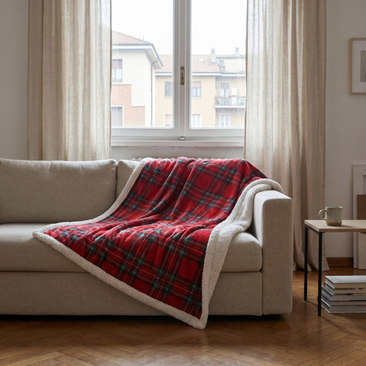 Coperta in Pile con Interno Sherpa Effetto Agnellino, Plaid Morbido e Caldo con Fantasia Tartan Scozzese, Ideale per Divano e Letto