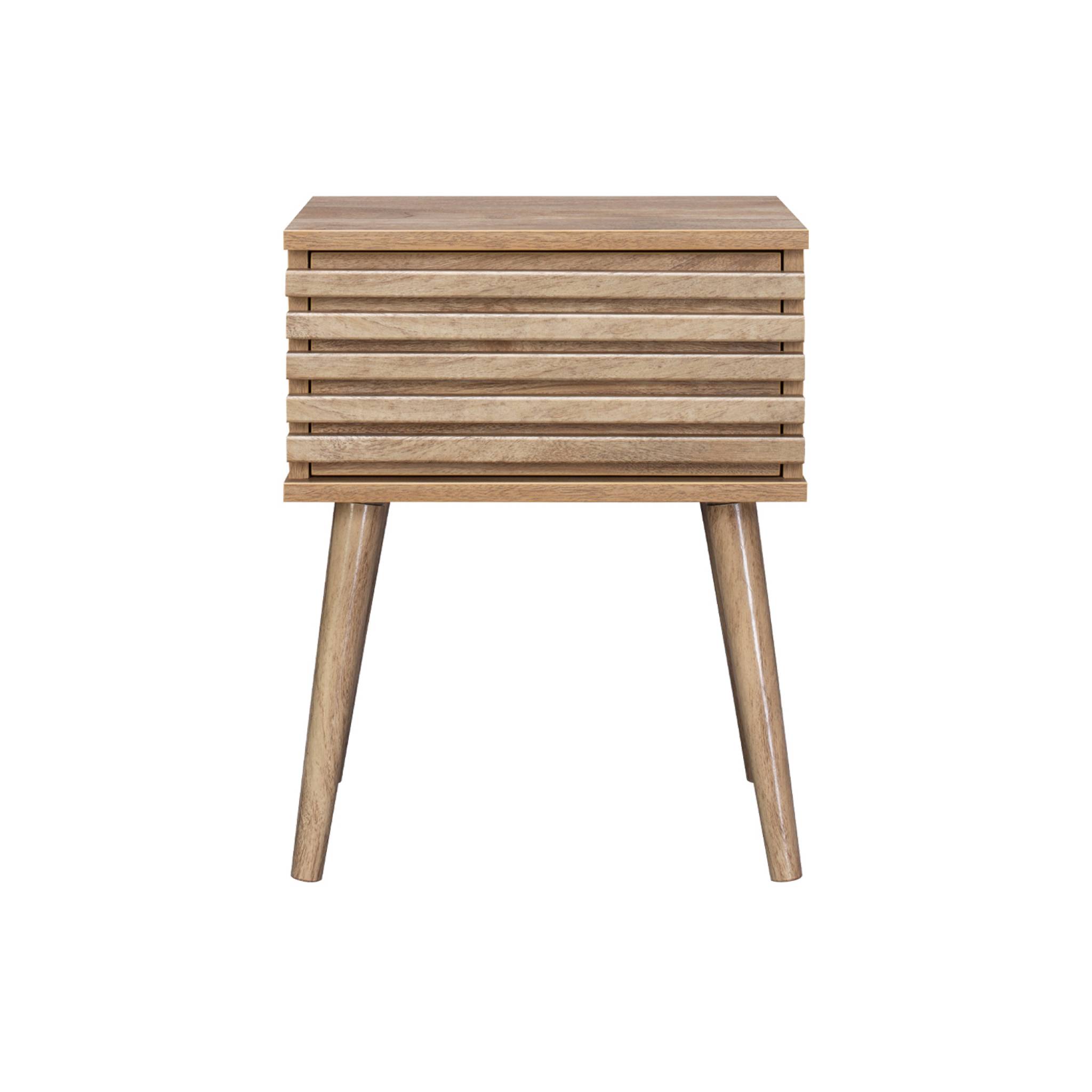 Lot de deux tables de chevet style scandinave décor bois avec tiroir rainuré et pieds compas