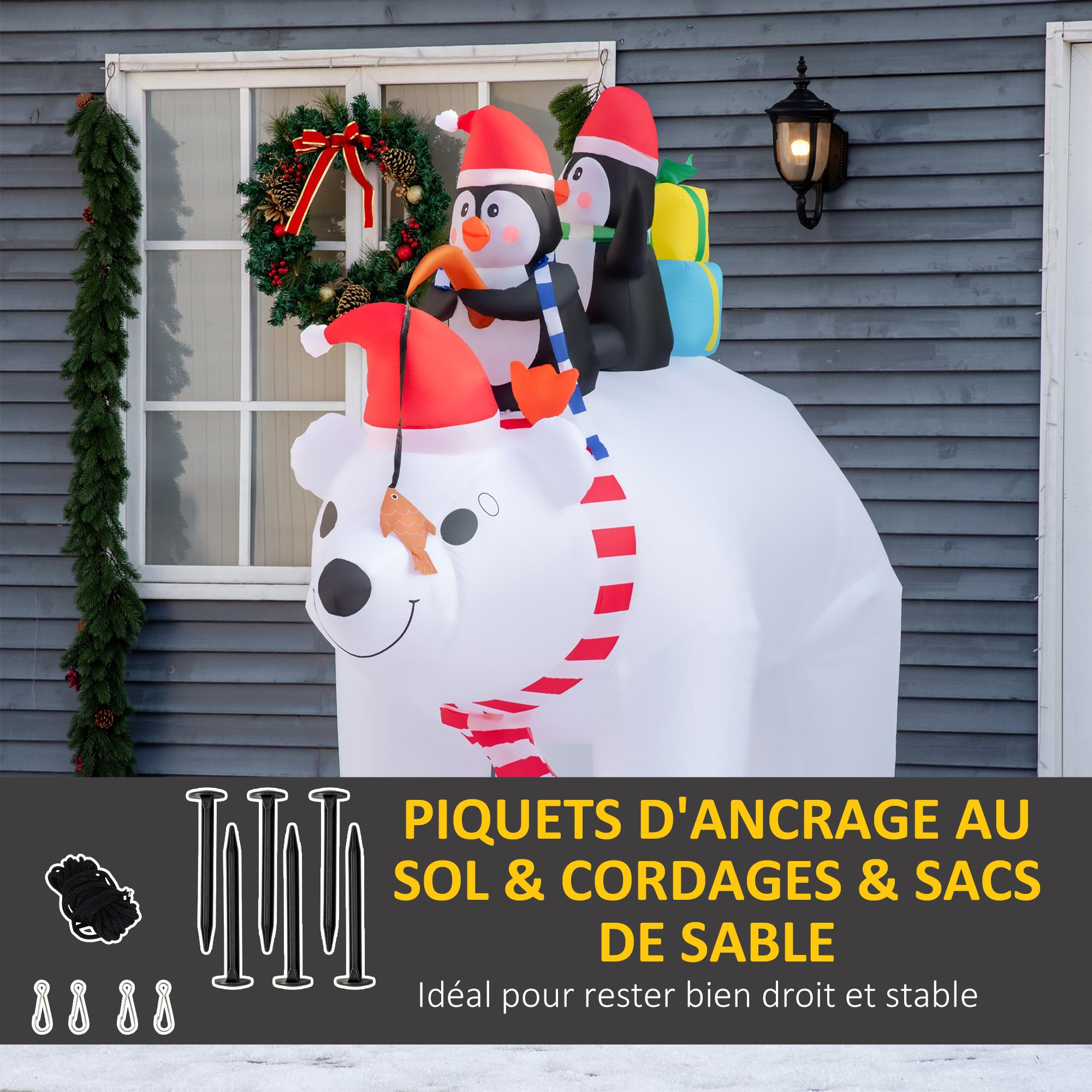 Ours polaire gonflable de Noël décoration gonflable LED de Noël 2,06H m lumières LED 2 pingouins blanc