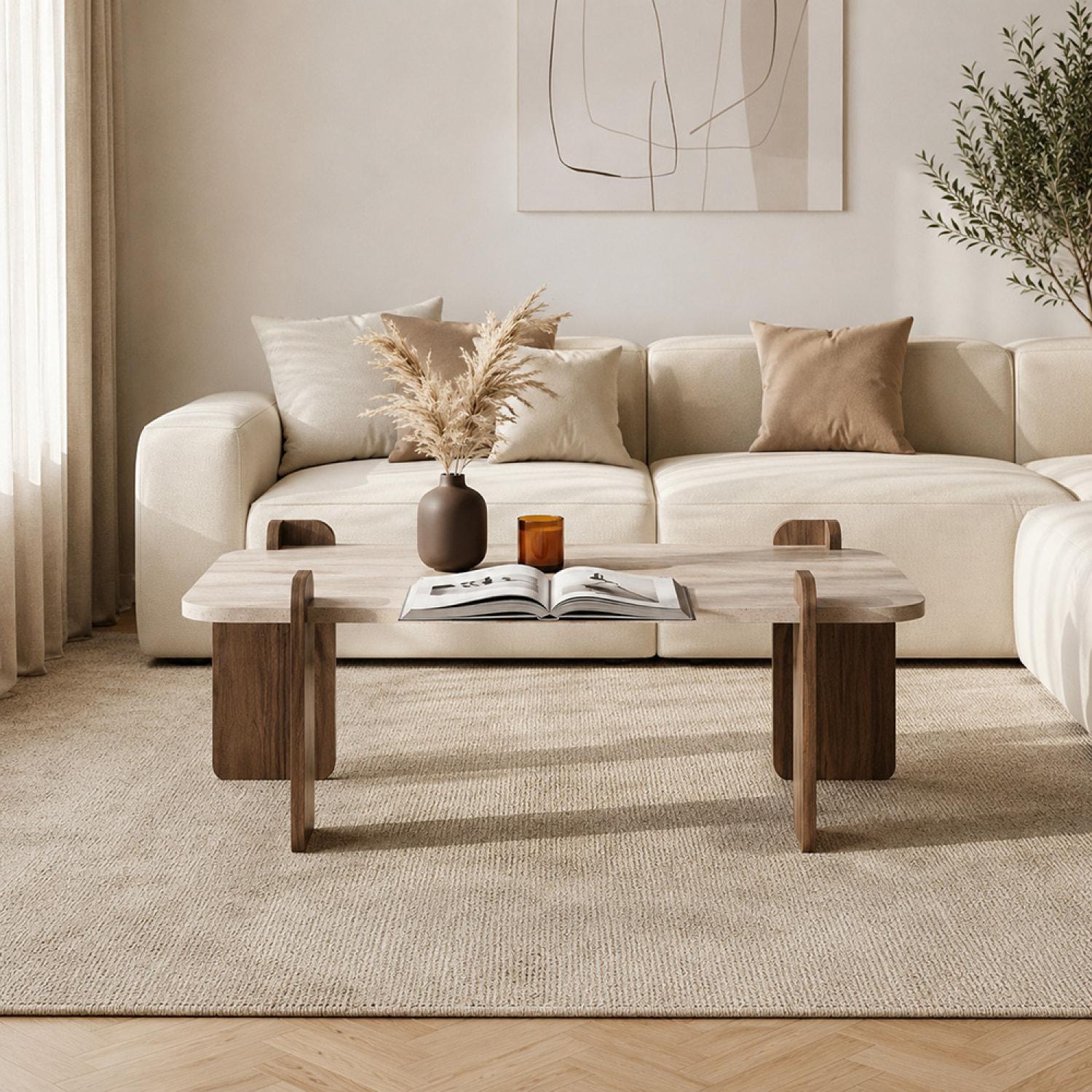 Table basse carrée effet travertin et noyer 90x90cm BROOKLYN