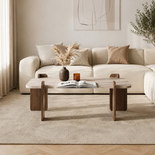 Table basse carrée effet travertin et noyer 90x90cm BROOKLYN