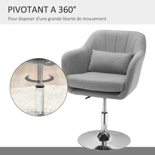 Fauteuil lounge design grand confort coussins lombaires hauteur réglable pivotant 360° piètement métal chromé lin gris