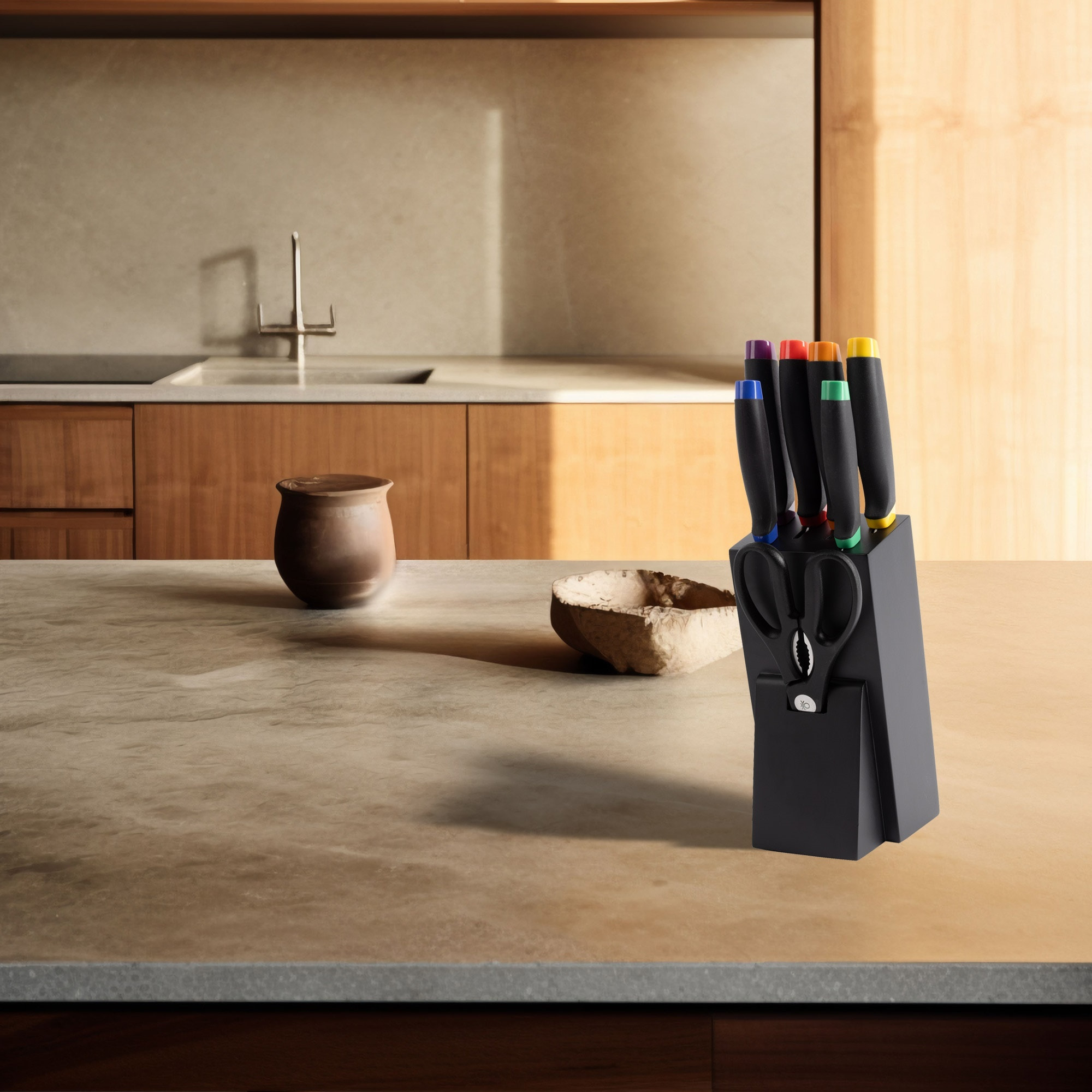 Juego de 8pc cuchillos + tacoma en acero inox + tabla de cortar 33x23x1.5cm madera de acacia casa benetton