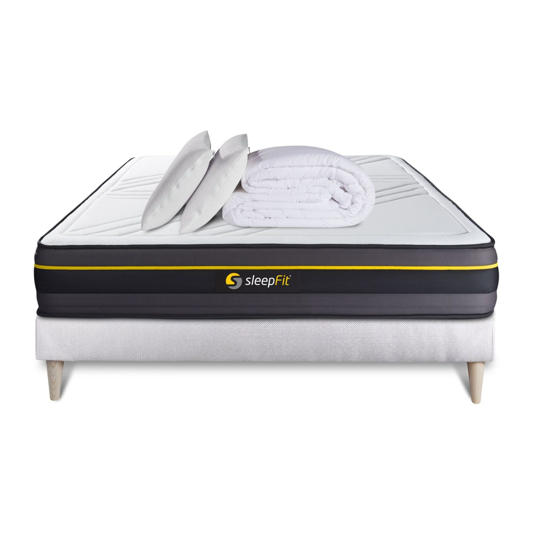 Pack cama completa - Colchón Espuma viscoelástica - Kit de base de cama - Blanco - Active con 2 almohadas y 1 edredón