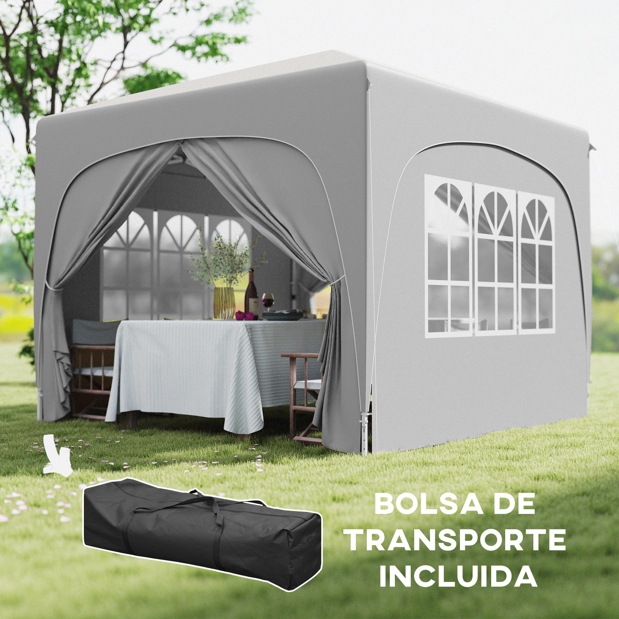 Carpa Plegable 3x3 m, Cenador Pabellón de Jardín con Altura Ajustable de 3 Niveles, 4 Paredes Laterales, Ventanas y Bolsa Transporte, UPF50+, Impermeable para Fiestas, Exterior, Gris