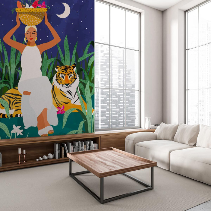 Papier peint femme et tigre scène tropicale artistique nocturne Intissé