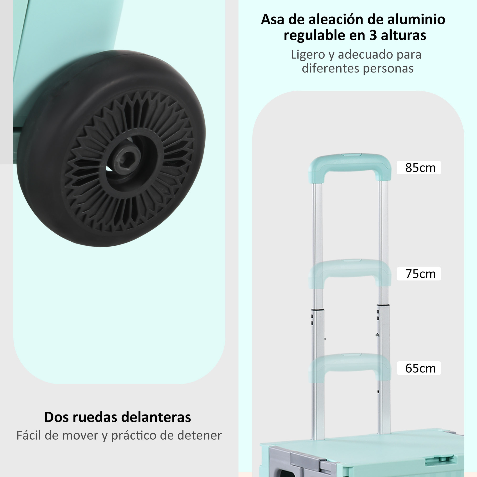 Carrito de la Compra Plegable Carrito para Supermercado con 2 Ruedas Longitud de Mango Ajustable Capacidad 32 Litros para Oficina Escuela Hogar 41,5x32,5x85 cm Verde