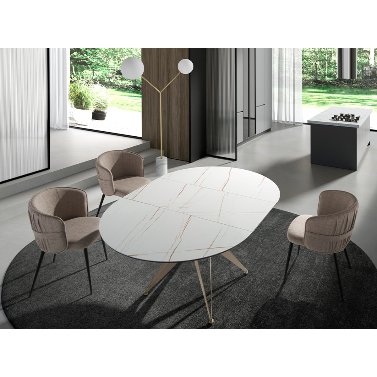 Mesa comedor extensible redonda con tapa de mármol porcelánico blanco con vetas marrones en acabado mate 120x120x77cm