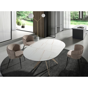 Mesa comedor extensible redonda con tapa de mármol porcelánico blanco con vetas marrones en acabado mate 120x120x77cm