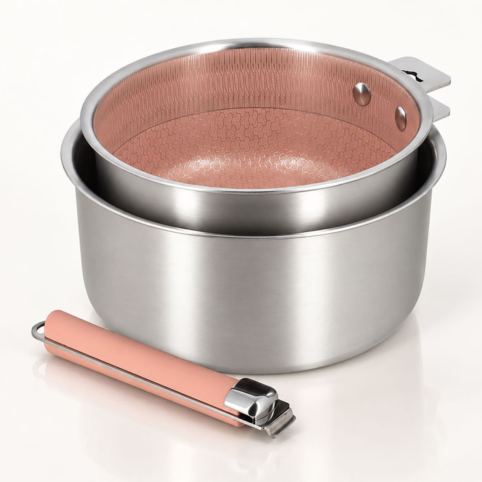 Lot de 2 casseroles en acier inoxydable et manche amovible rose AGLAE