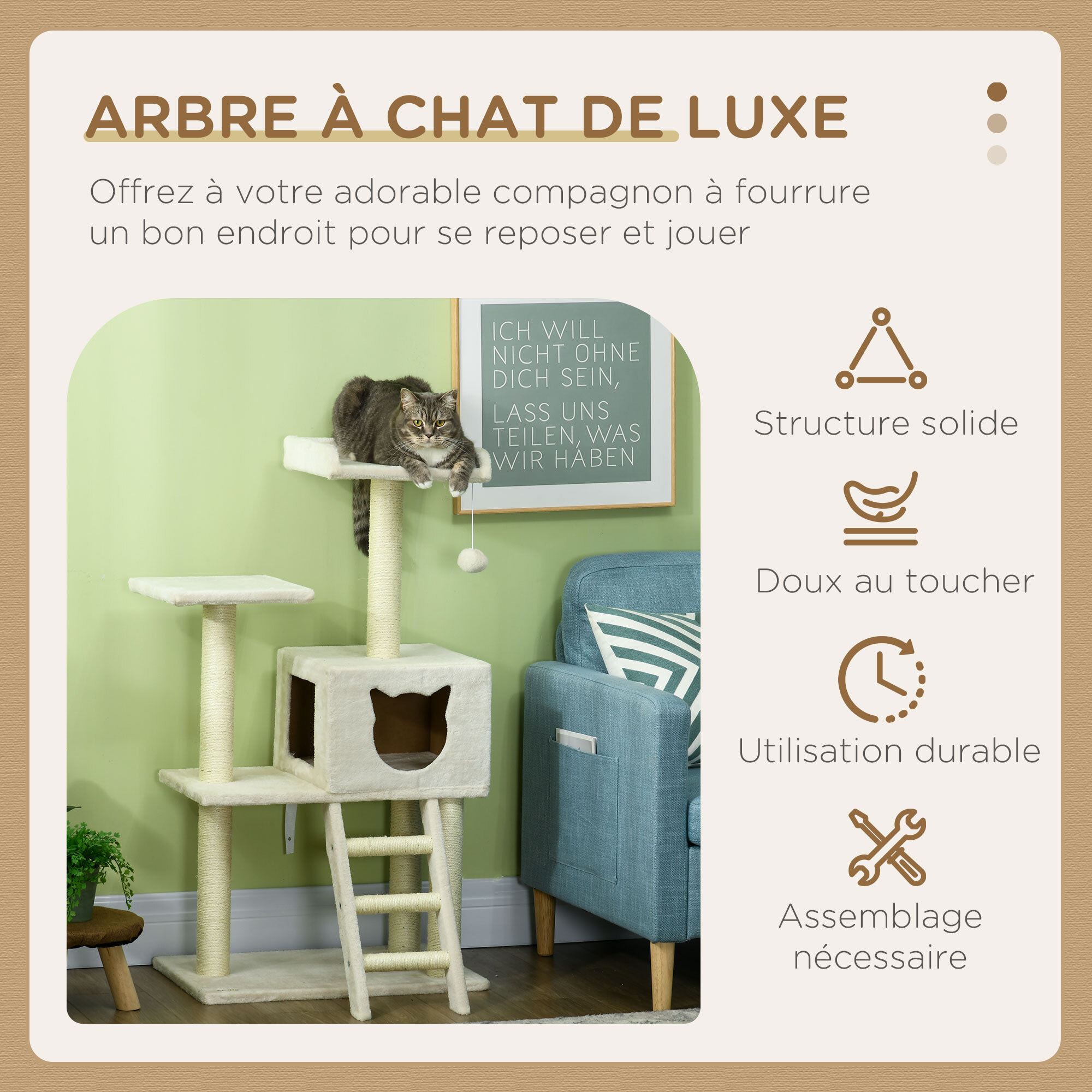 Arbre à chat multi-équipement griffoirs niche plateformes échelle jeu boule suspendue crème