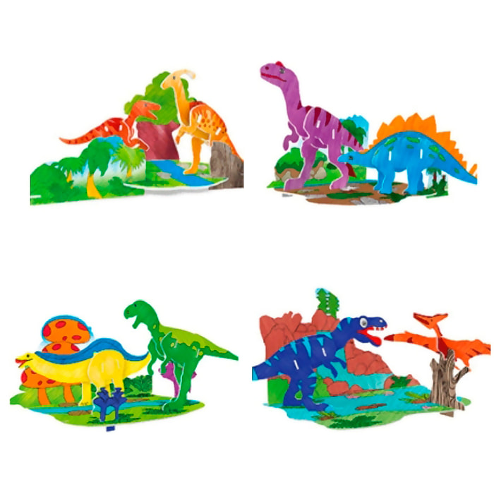 Pacchetto di 4 puzzle 3D da colorare di diversi dinosauri. Con un totale di 51 pezzi che potrai assemblare senza bisogno di strumenti o colla. Raccomandato per bambini sopra i 3 anni.