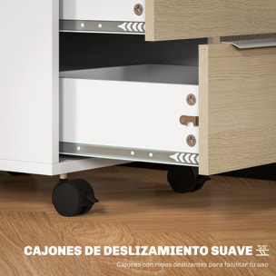 Cajonera de Oficina Mueble Archivador con Ruedas 3 Cajones Cerradura y 2 Llaves para Estudio Salón 40x40x63,5 cm Blanco y Roble