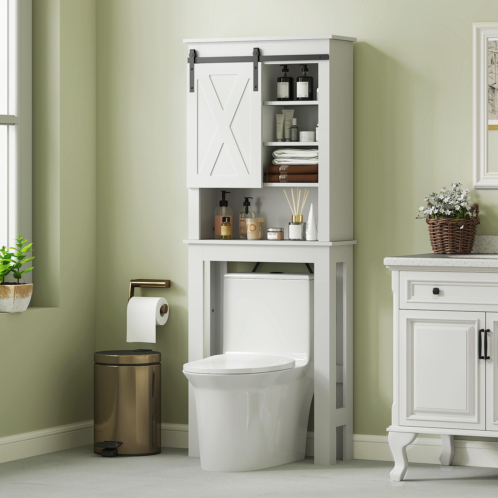 Mueble sobre Inodoro Armario sobre Inodoro con Puerta Corredera de Granero y 6 Compartimentos Mueble de Baño Rústico 67x25x172 cm Blanco