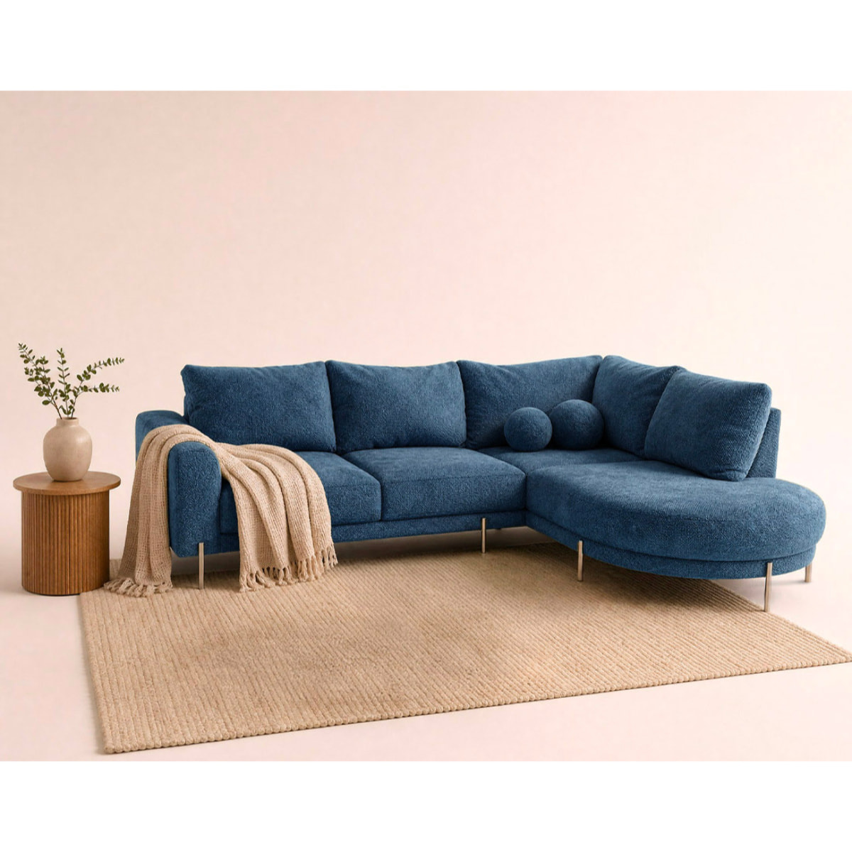 Gabin - Canapé d'angle droit 5 places en velours texturé - Bleu