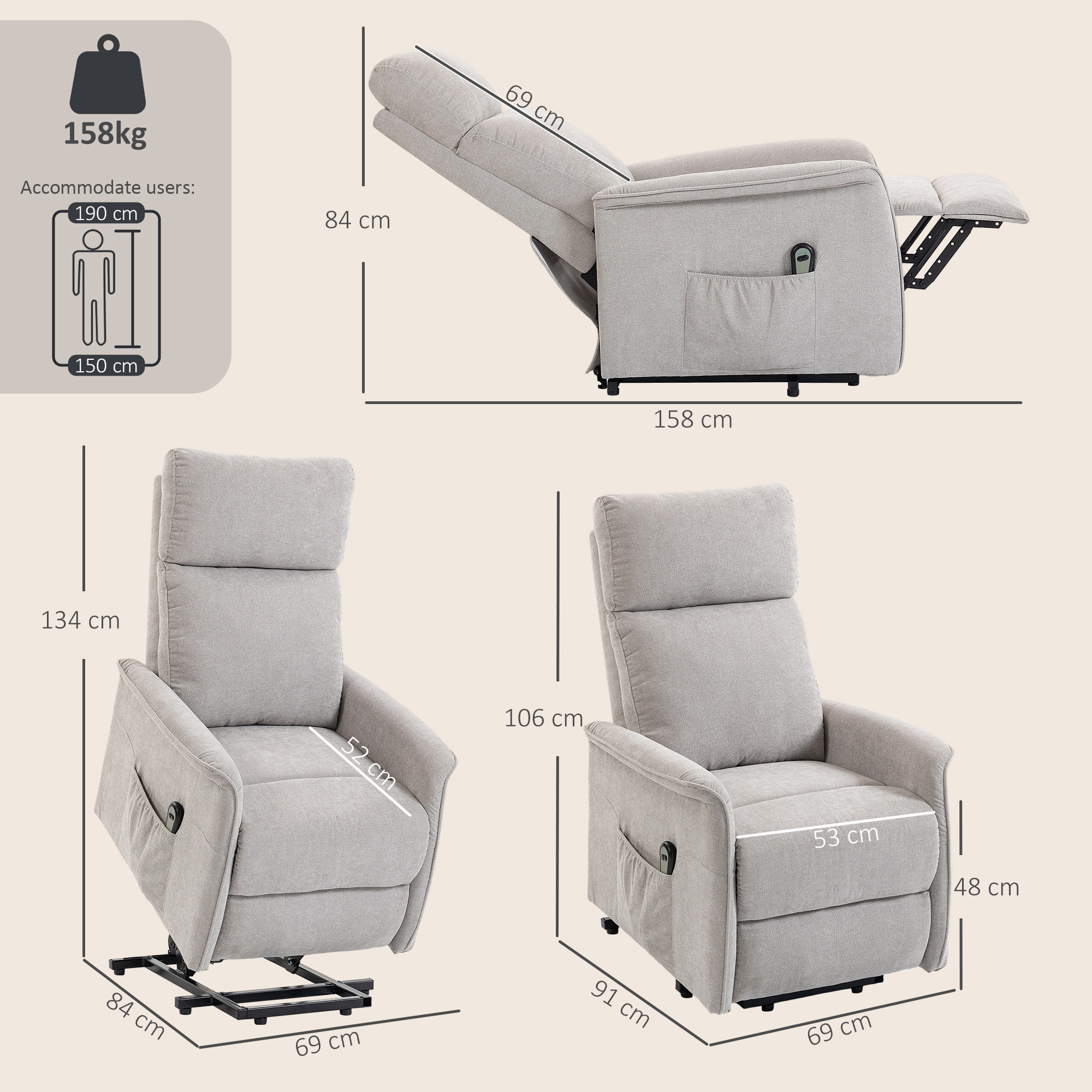 Fauteuil releveur électrique inclinable repose-pieds intégré tissu gris