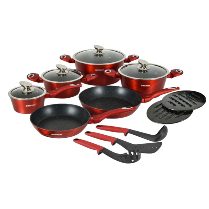 Batterie de cuisine 15 pièces avec revêtement en marbe Rouge Herzberg HGMETRD15-RED