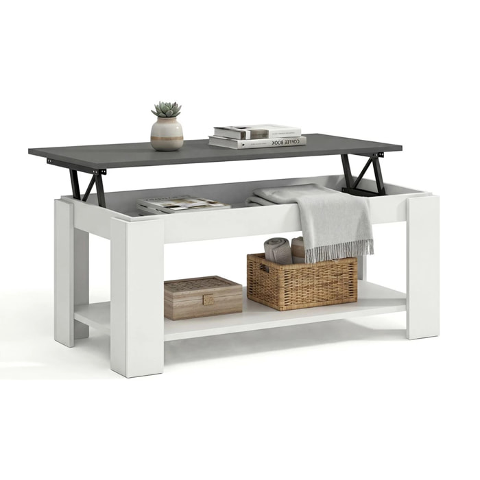 Mesa de centro elevable con almacenaje en blanco mate y gris grafito 102x43-54 cm Lya Blanco Artik (Blanco Mate) - Gris Grafito
