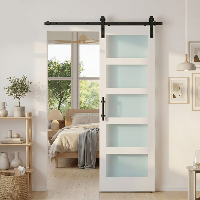 Puerta Corredera con Herrajes 71x213 cm, Puerta Corredera Interior de MDF y Vidrio Esmerilado con Rodillo, Riel, Guía de Suelo, para Baño, Salón, Sala de Estar, Blanco