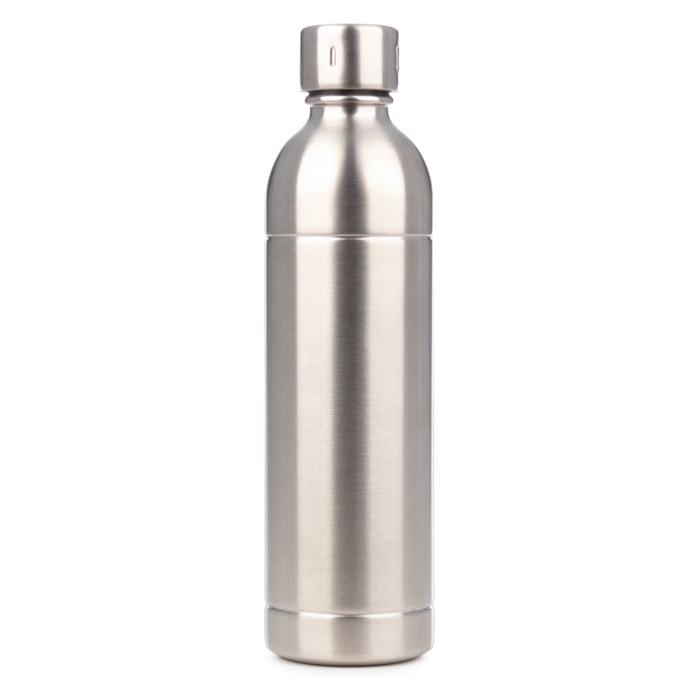 Botella reutilizable de 1 litro íntegramente en acero inoxidable, resistente y duradera.