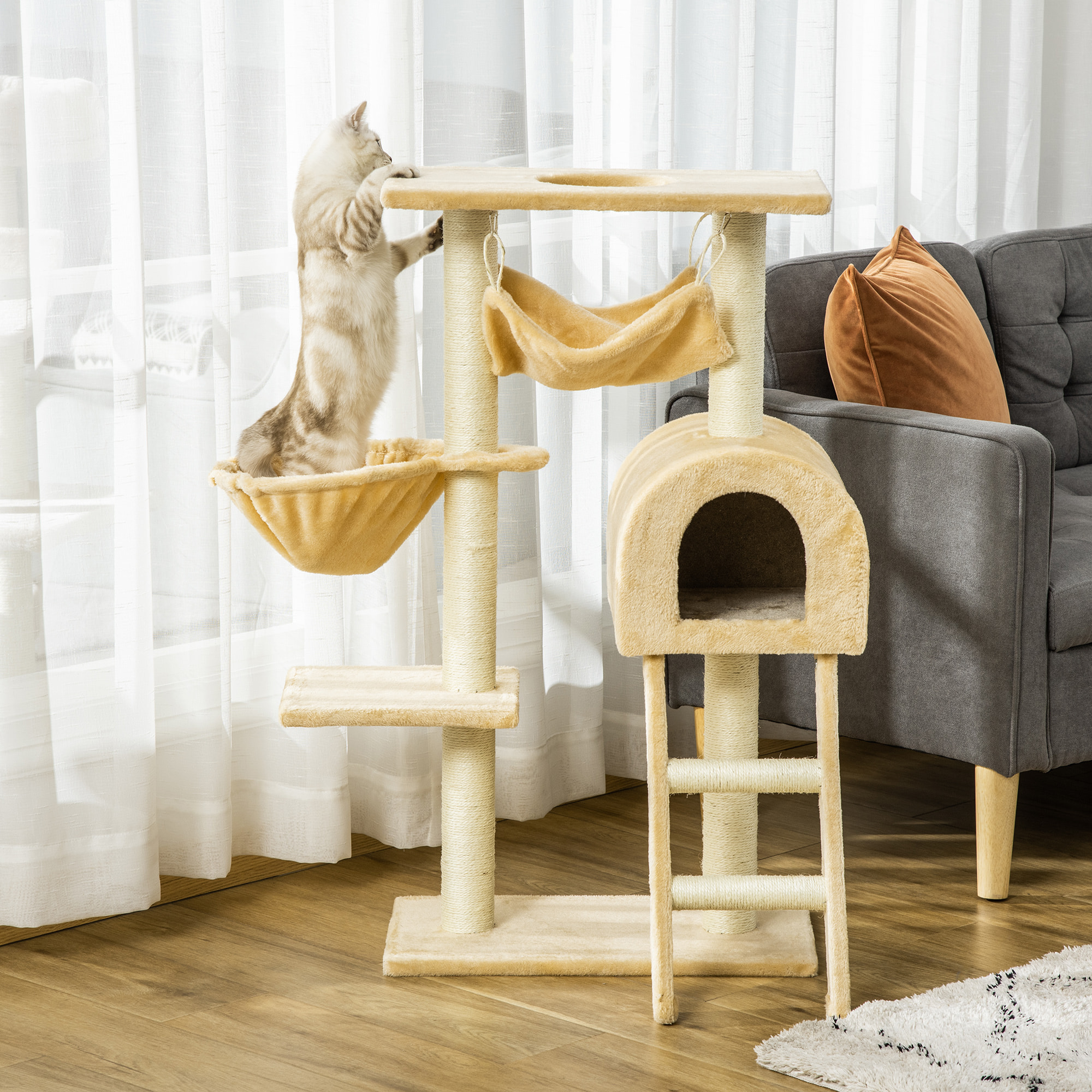 árbol Rascador para Gatos 98 cm con Cueva Hamaca Escalera Postes de Sisal Beige