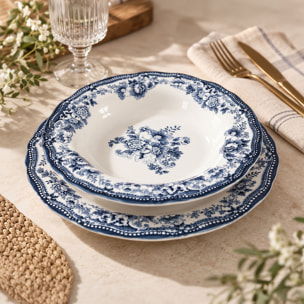 Lot de 6 assiettes plates 26cm fleuries en grès bleu  FAUSTINE