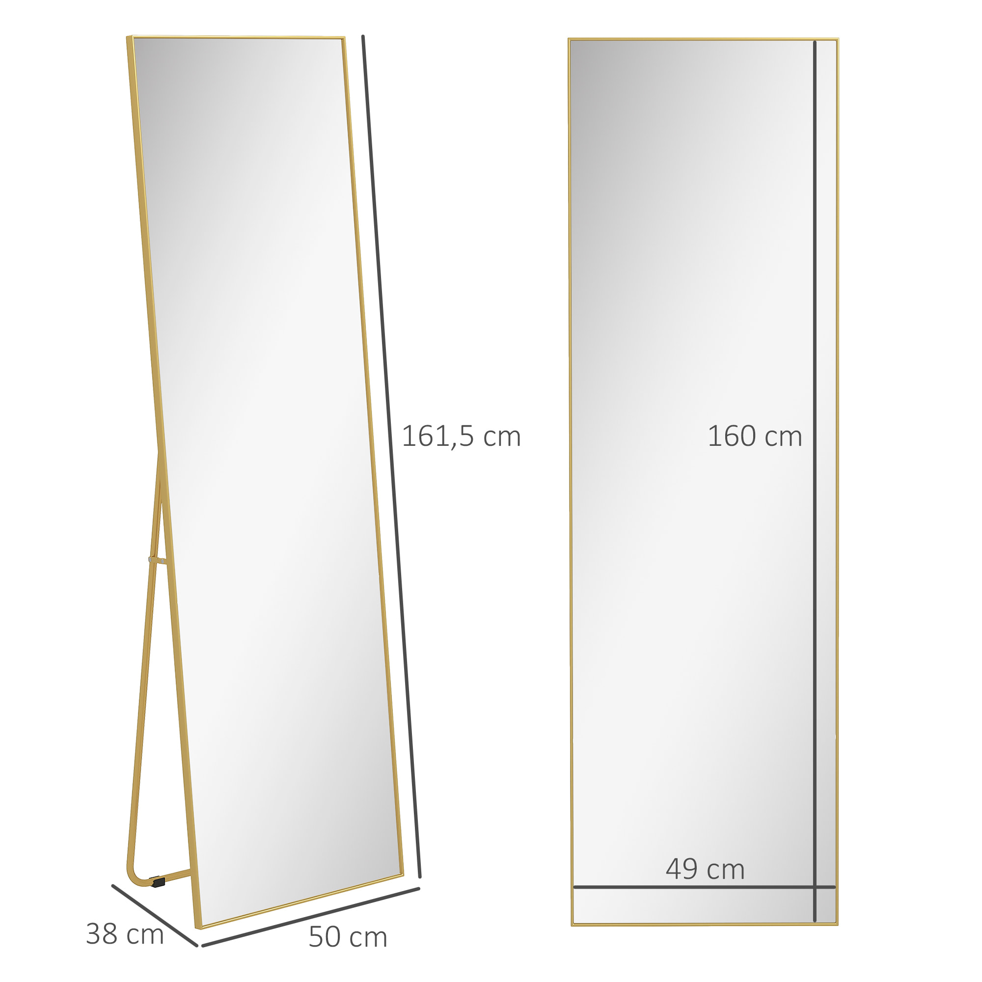 Espejo de Pie Cuerpo Entero con Marco de Aleación de Aluminio Espejo de Pared Rectangular con 2 Formas de Uso para Pasillo Dormitorio Salón 50x161,5x2 cm Dorado