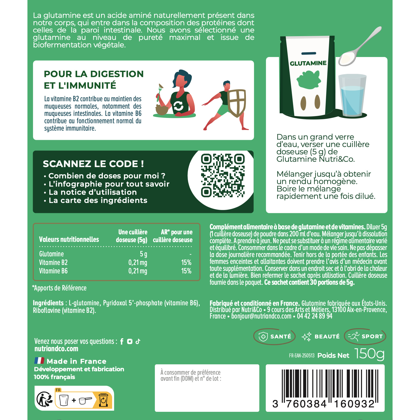 Nutri&Co L-Glutamine en poudre Bio-fermentée Qualité Kyowa® Goût Neutre - 150g Vegan
