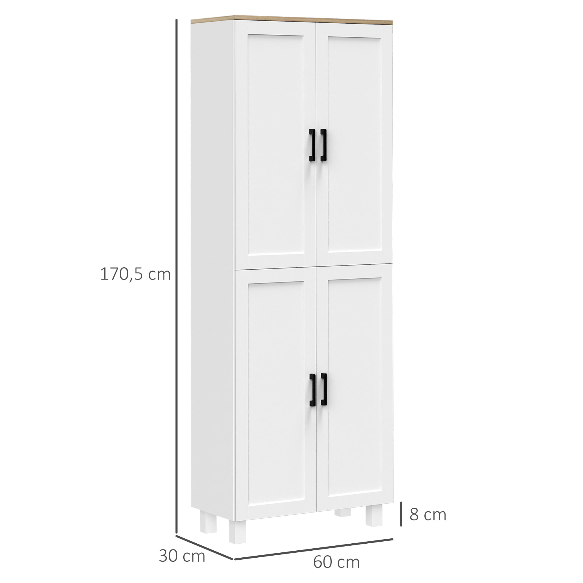 Alacena de Cocina Nórdico Mueble Aparador de Comedor Armario de Almacenaje de Cocina con 4 Puertas y Estantes Ajustables Antivuelco 60x30x170,5 cm Blanco