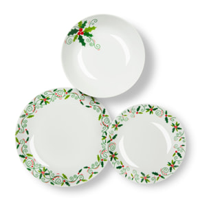 Servizio piatti 18 pezzi Excelsa - Christmas Holly, porcellana bianca