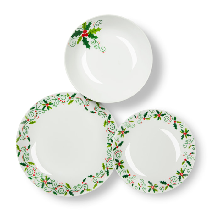 Servizio piatti 18 pezzi Excelsa - Christmas Holly, porcellana bianca