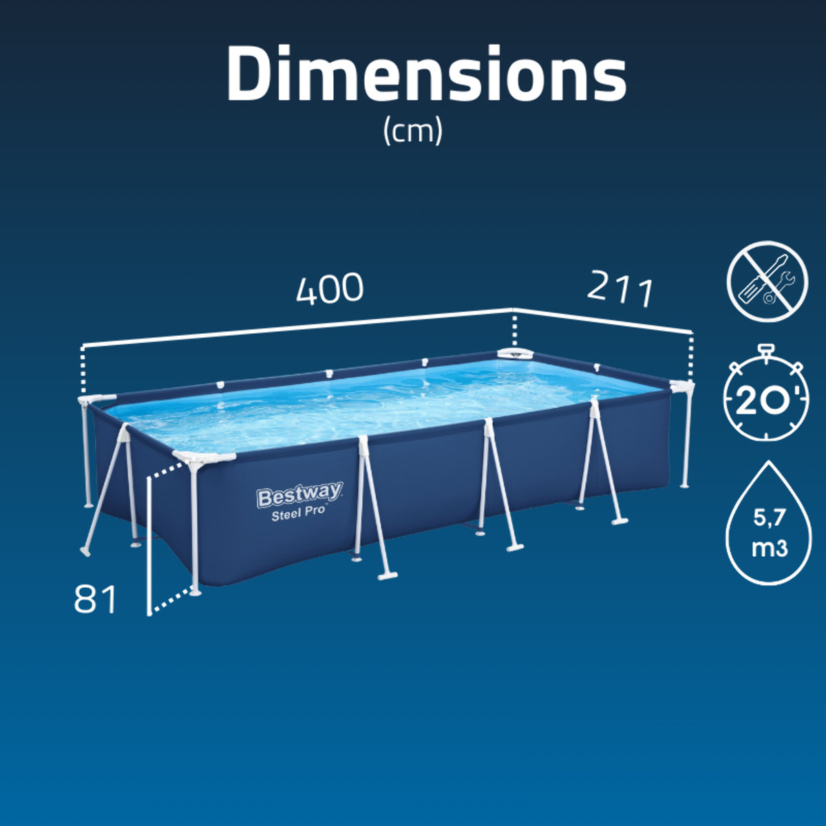 Bestway Piscine hors sol tubulaire rectangulaire Bestway Steel Pro 400 x 211 x 81 cm bleu