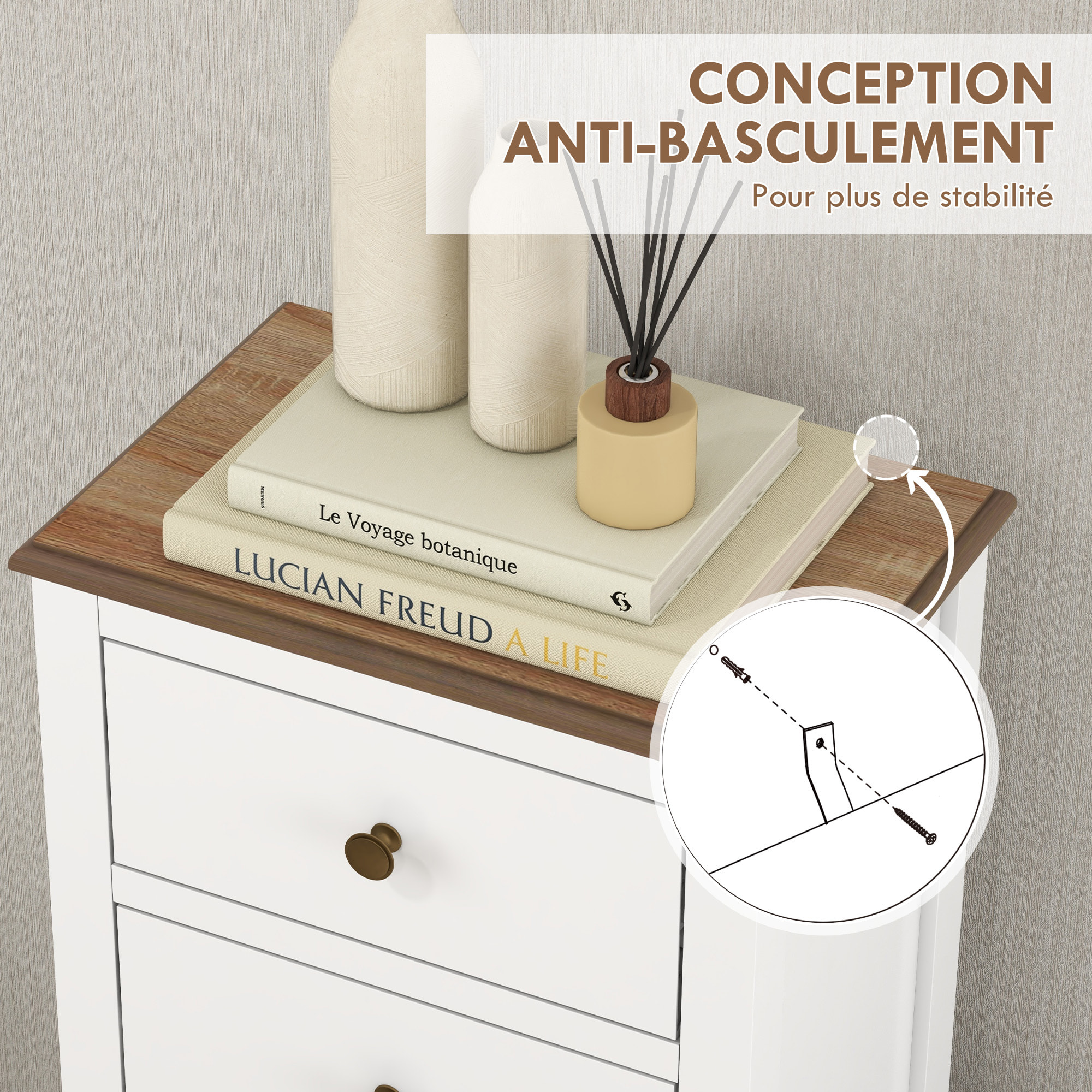 Meuble de rangement chiffonnier style néo-rétro 5 tiroirs poignées boutons bois MDF blanc