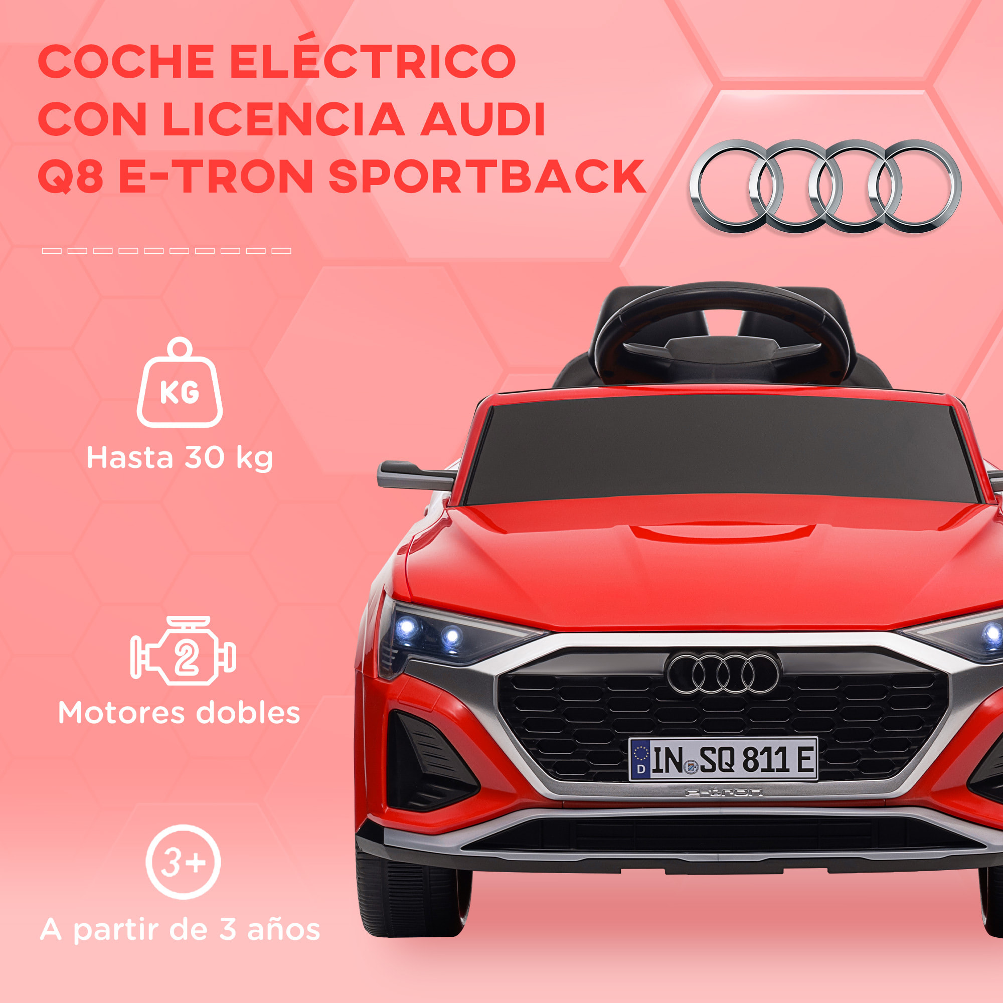 Coche Eléctrico para Niños de +3 Años Audi Q8 etron sportback Carro Eléctrico Infantil con Batería 12V Mando a Distancia Ruedas con Suspensión de Muelles Faros Bocina y Música Rojo