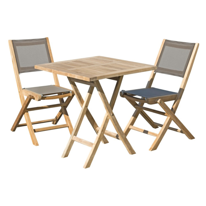 FUN - SALON DE JARDIN EN BOIS TECK 2 pers - Ensemble de jardin - 1 Table carrée pliante 70 cm et 2 chaises textilène taupe