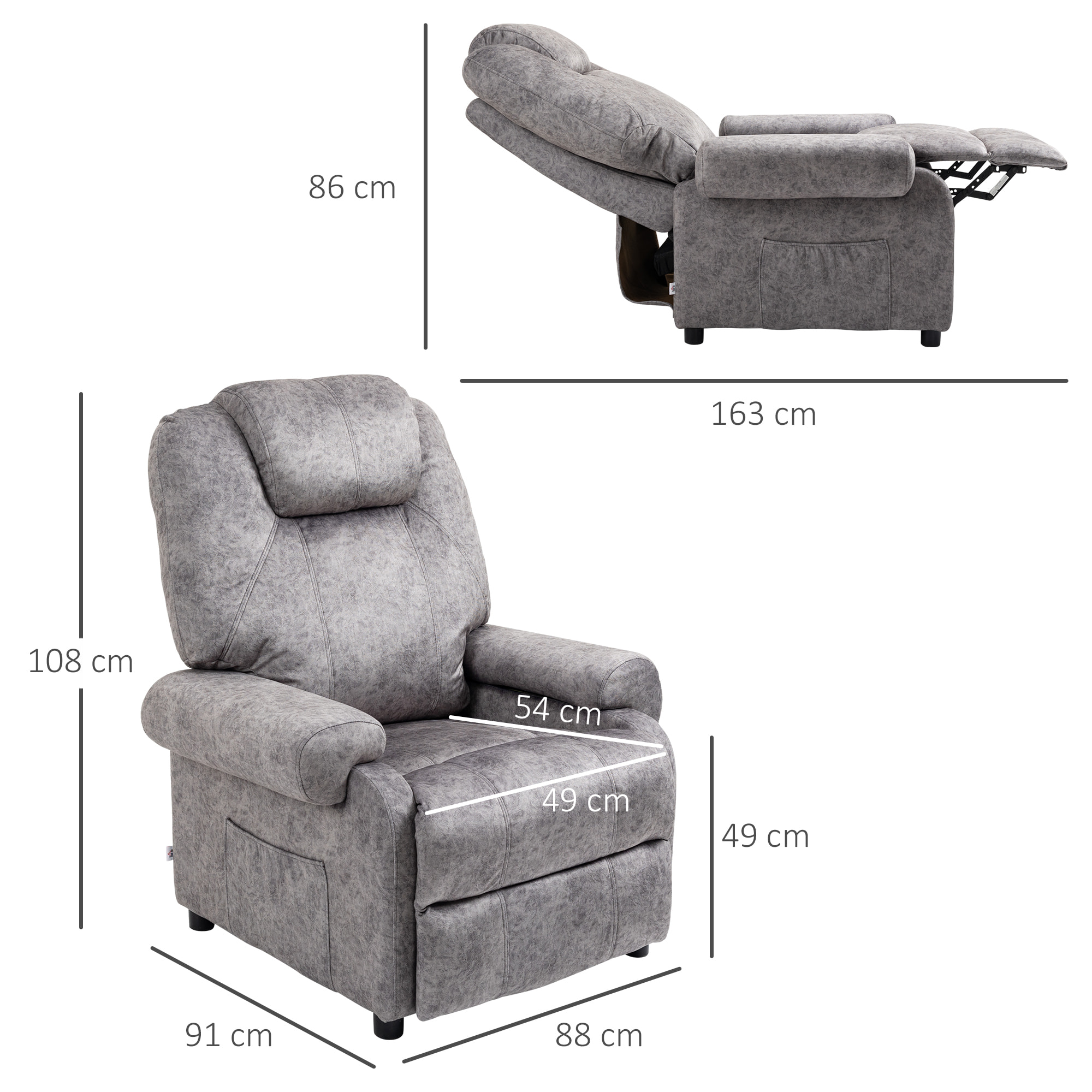 Sillón Relax Reclinable Manual, Sillón Relax de Terciopelo con Reposabrazos, Reposapiés, Acolchado Grueso, Butaca Reclinable hasta 135º para Salón, Dormitorio, Oficina, Gris