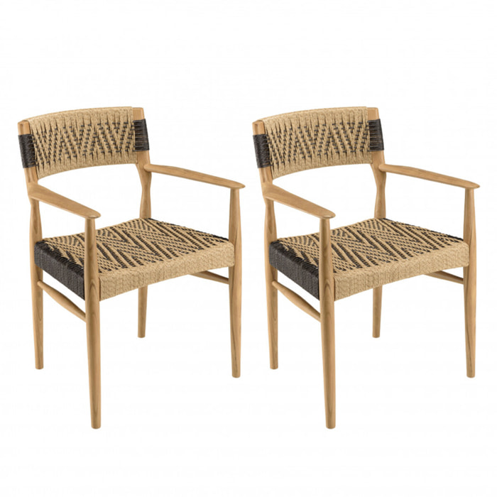 VALERIA - Lot de 2 fauteuils jardin teck rotin synthétique beige / noir