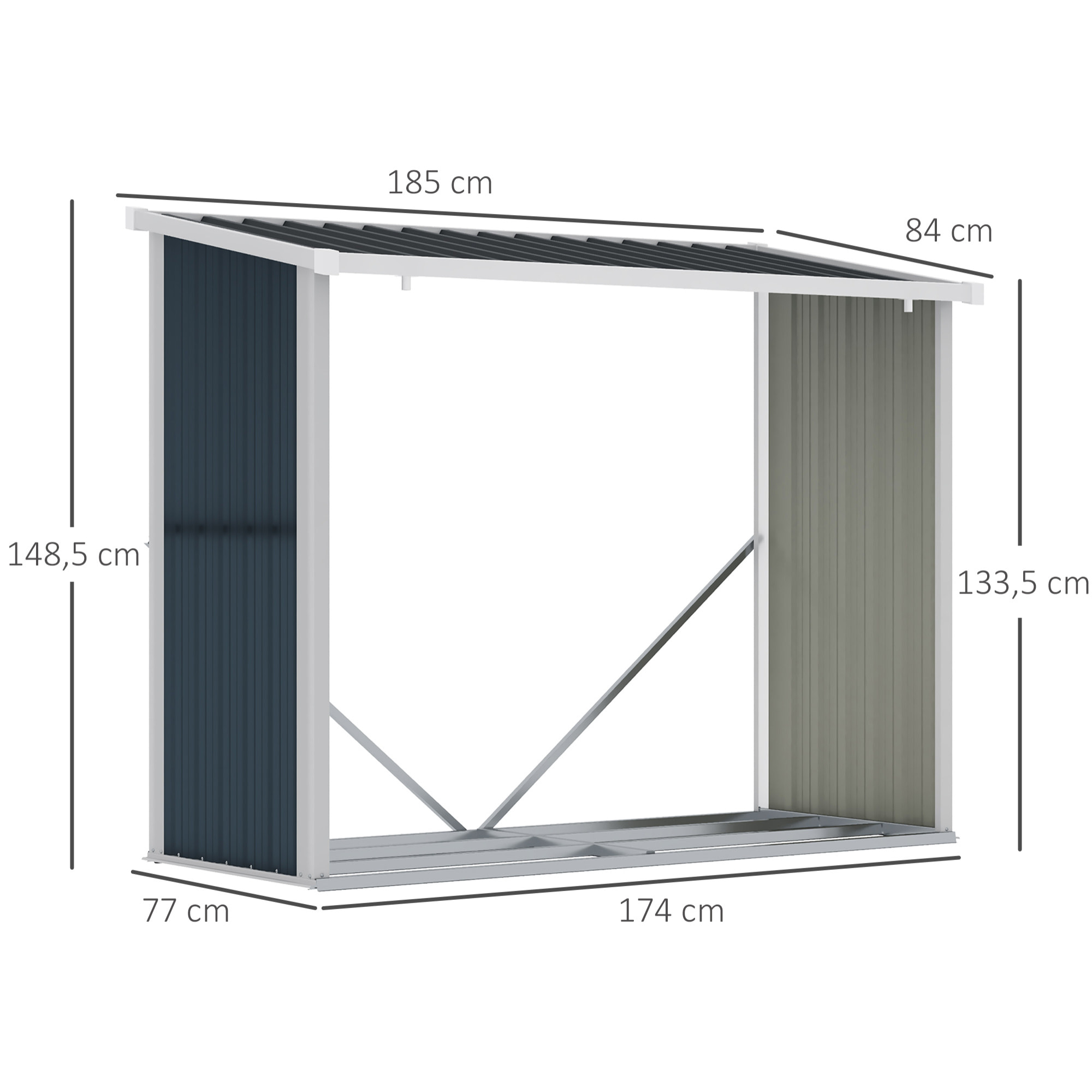Casetilla para Leña Acero Galvanizado Cobertizo Leñero de Almacenamiento de Troncos con Techo Inclinado para Jardín Terraza Exterior 185x84x133,5/148,5 cm Gris