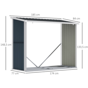 Casetilla para Leña Acero Galvanizado Cobertizo Leñero de Almacenamiento de Troncos con Techo Inclinado para Jardín Terraza Exterior 185x84x133,5/148,5 cm Gris