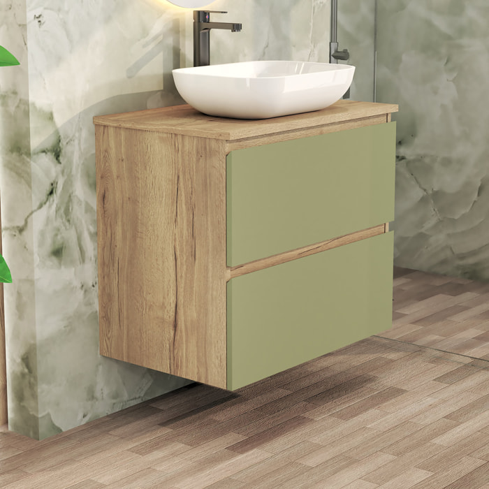 Ensemble de Salle de Bain Nia | Meuble Suspendu | 70 cm Vert | Deux Tiroirs |Lavabo sur Plan | Miroir non inclus | Meuble Monté | Alday
