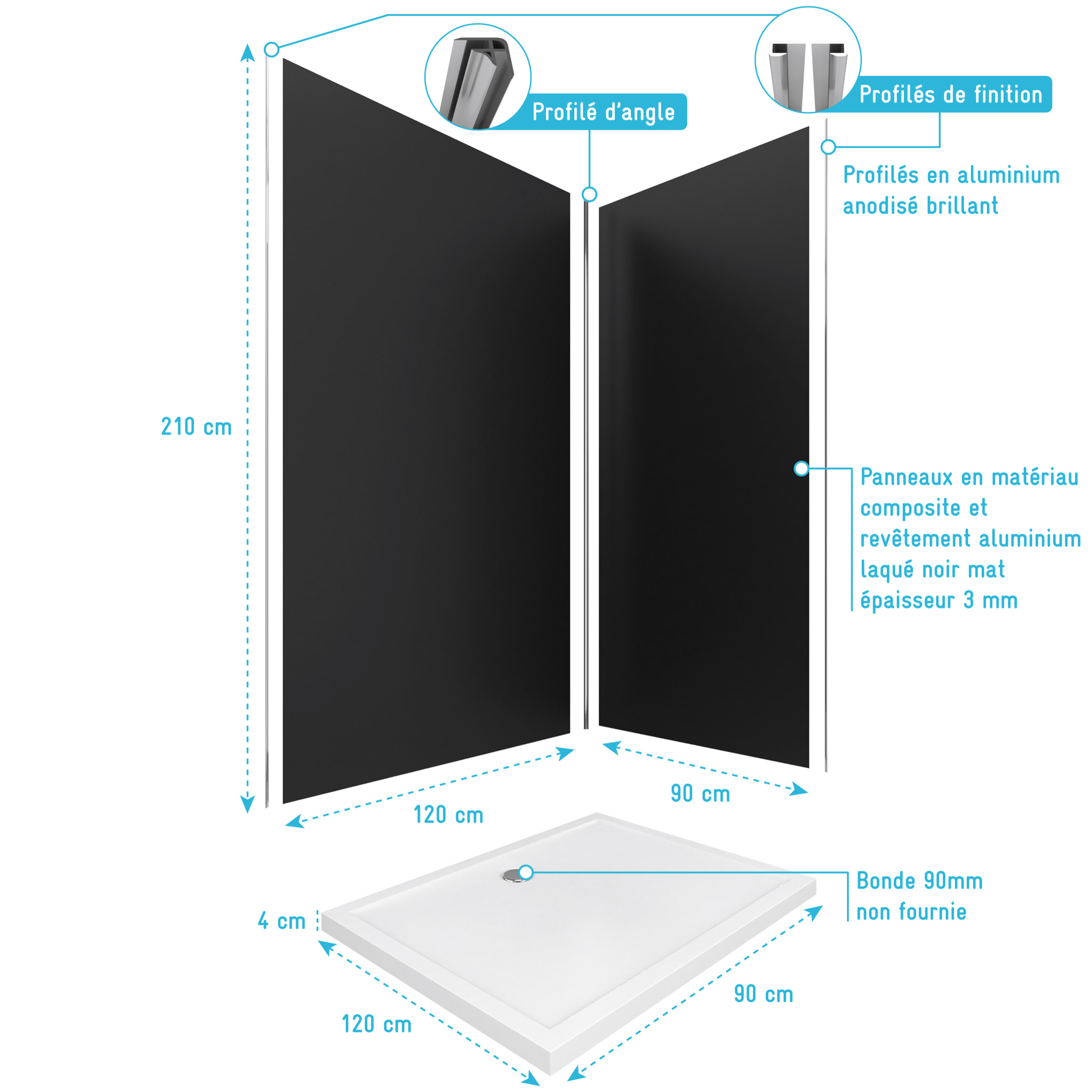 Pack Panneaux Muraux Aluminium Noir 120+90 - Profilés Chromes + Receveur Acrylique 120x90
