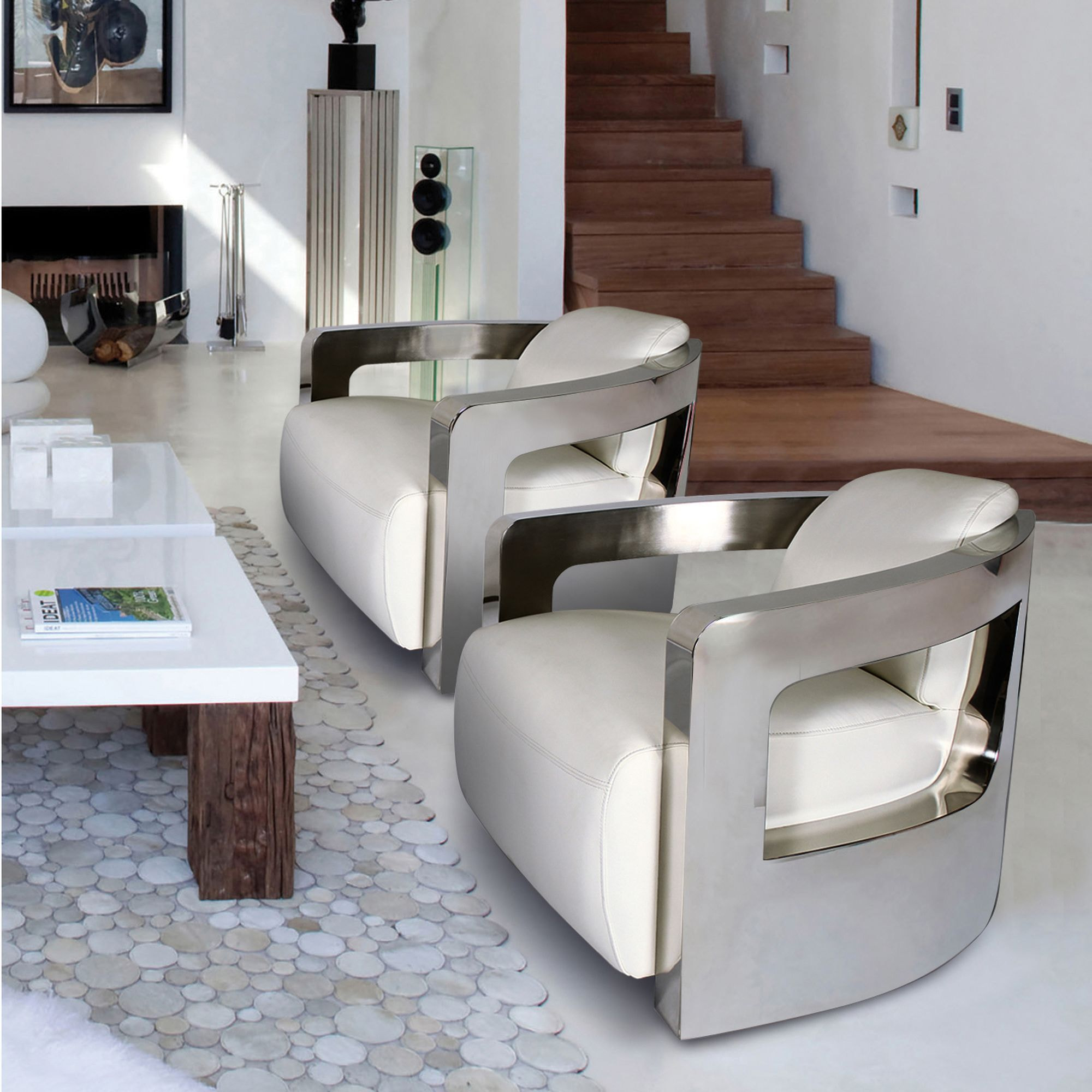 Fauteuil en cuir blanc et structure en acier inoxydable ODYSSEE