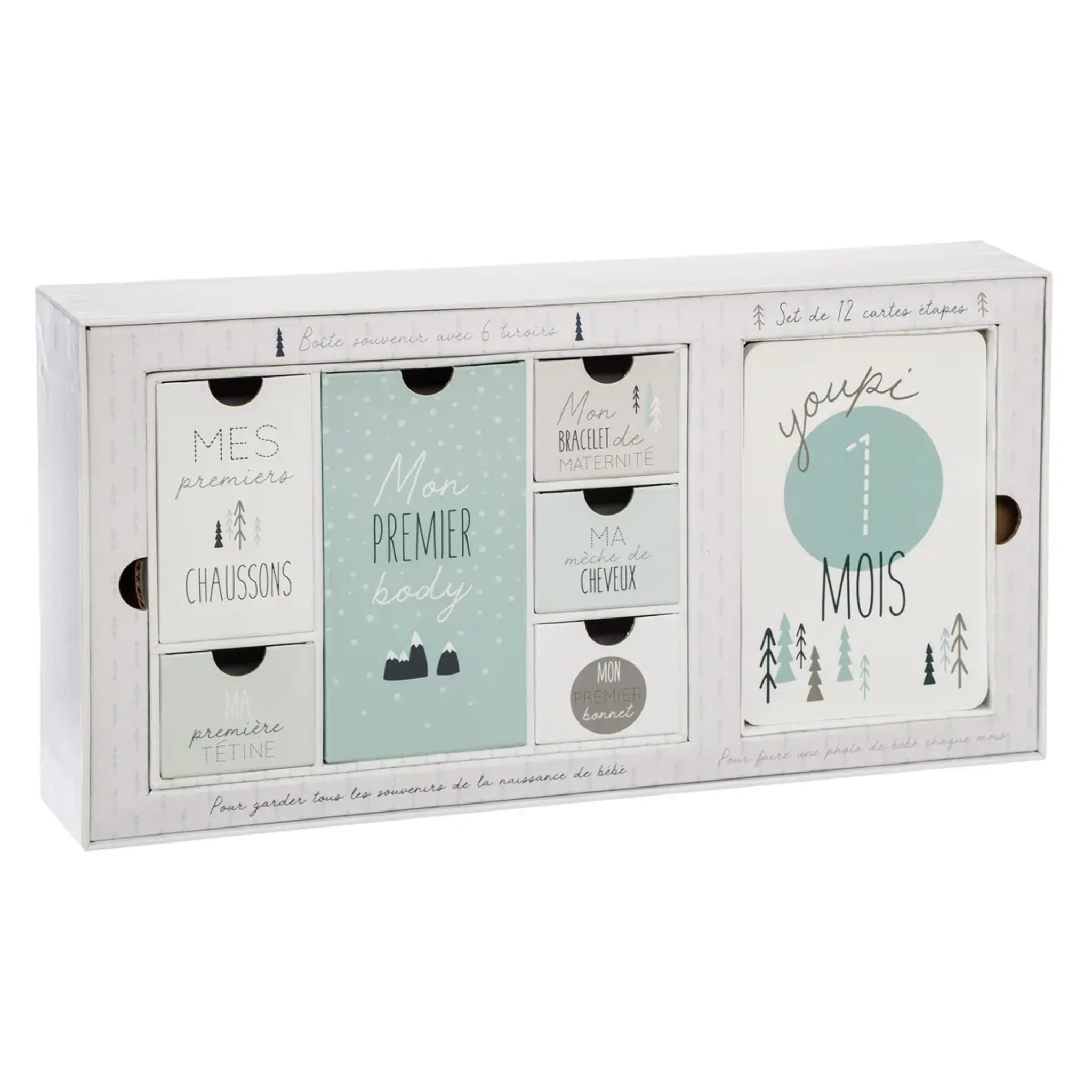 Coffret de naissance souvenirs 6 tiroirs PPR et 12 cartes