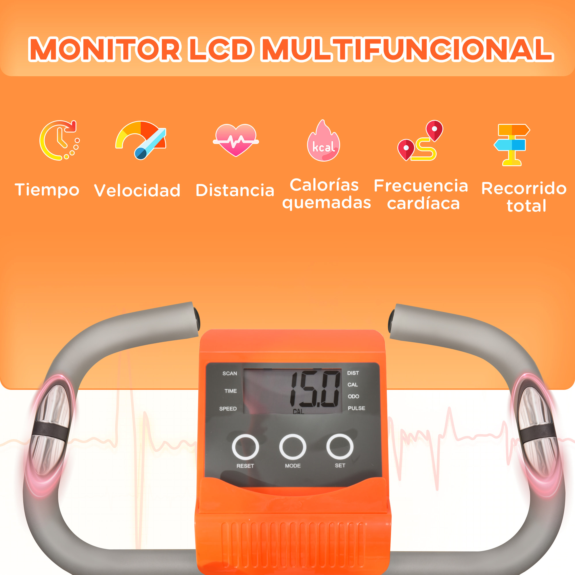 Bicicleta Estatica Plegable 3 en 1 con Respaldo y 8 Niveles Resistencia Magnética Bicicleta Estatica en Casa Ajustable con Monitor LCD Volante Banda Sensor de Pulso Soporte de Teléfono Naranja