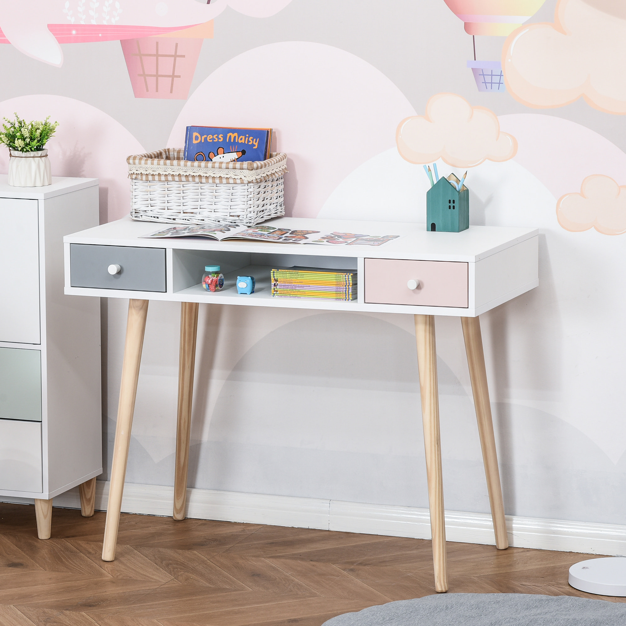 Bureau enfant style scandinave avec tiroir et compartiment de rangement 100L x 48l x 76,5H cm MDF et pin blanc gris et rose