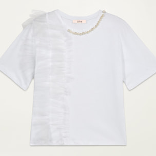 Oltre - T-shirt con perle e tulle - Bianco