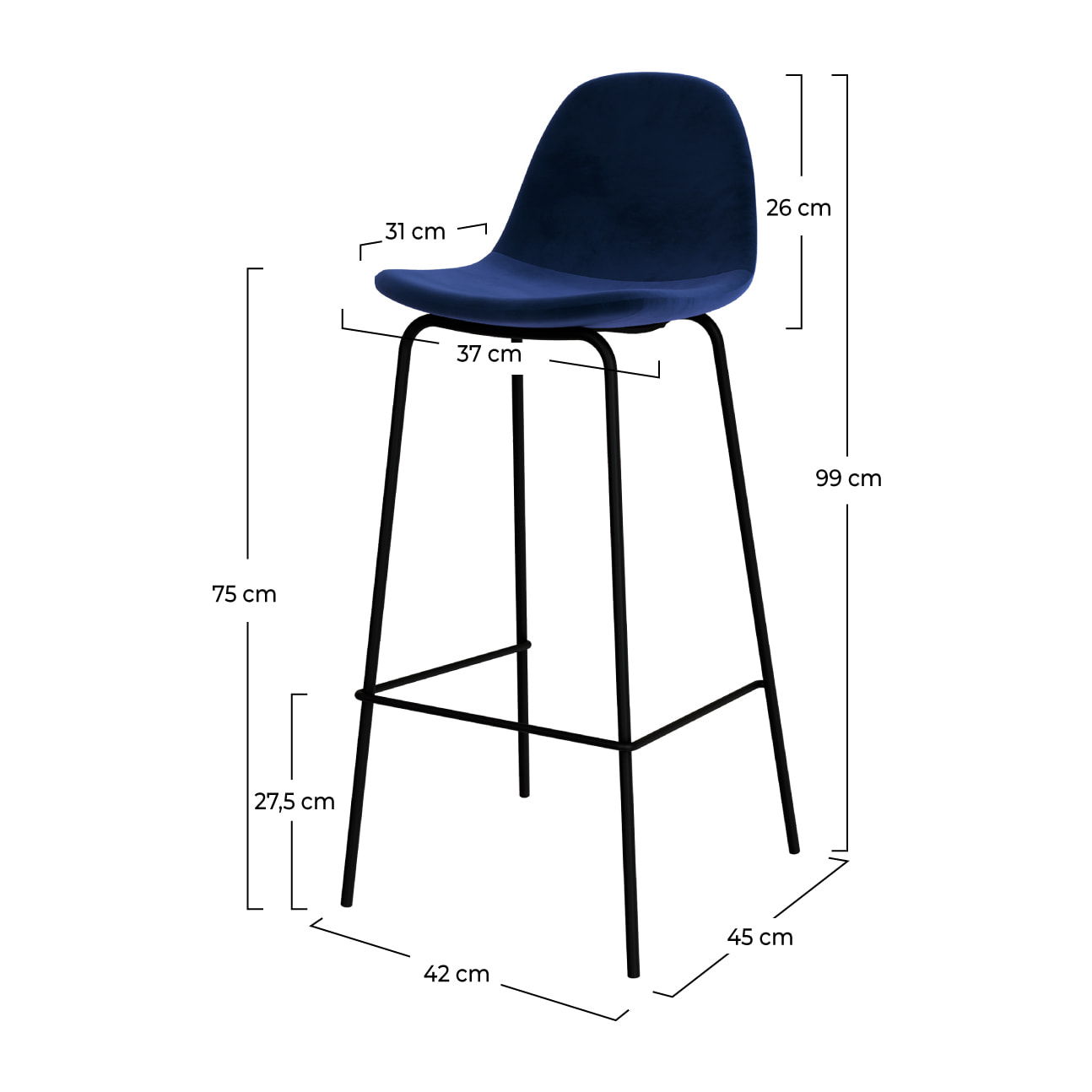 Lot de 2 chaises de bar en velours bleu foncé 75 cm - Henrik
