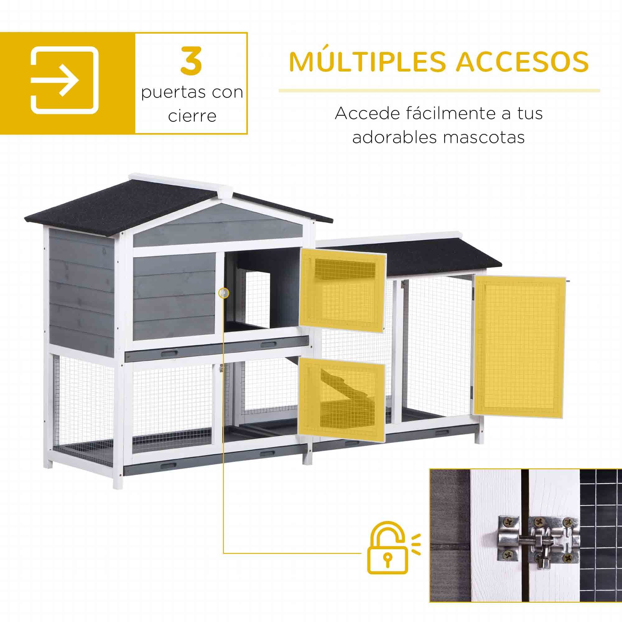 Conejera de Madera Exterior Jaula para Conejos de 2 Niveles con Techo Asfáltico 2 Corrales de Metal Bandeja Extraíble 2 Puertas y Rampa 157,4x53x93,5 cm Gris